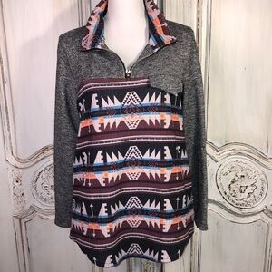 Fashion Express Pullover 1/4 Zip Tribal Graphic Long Sleeve Sweat Shirt Size M